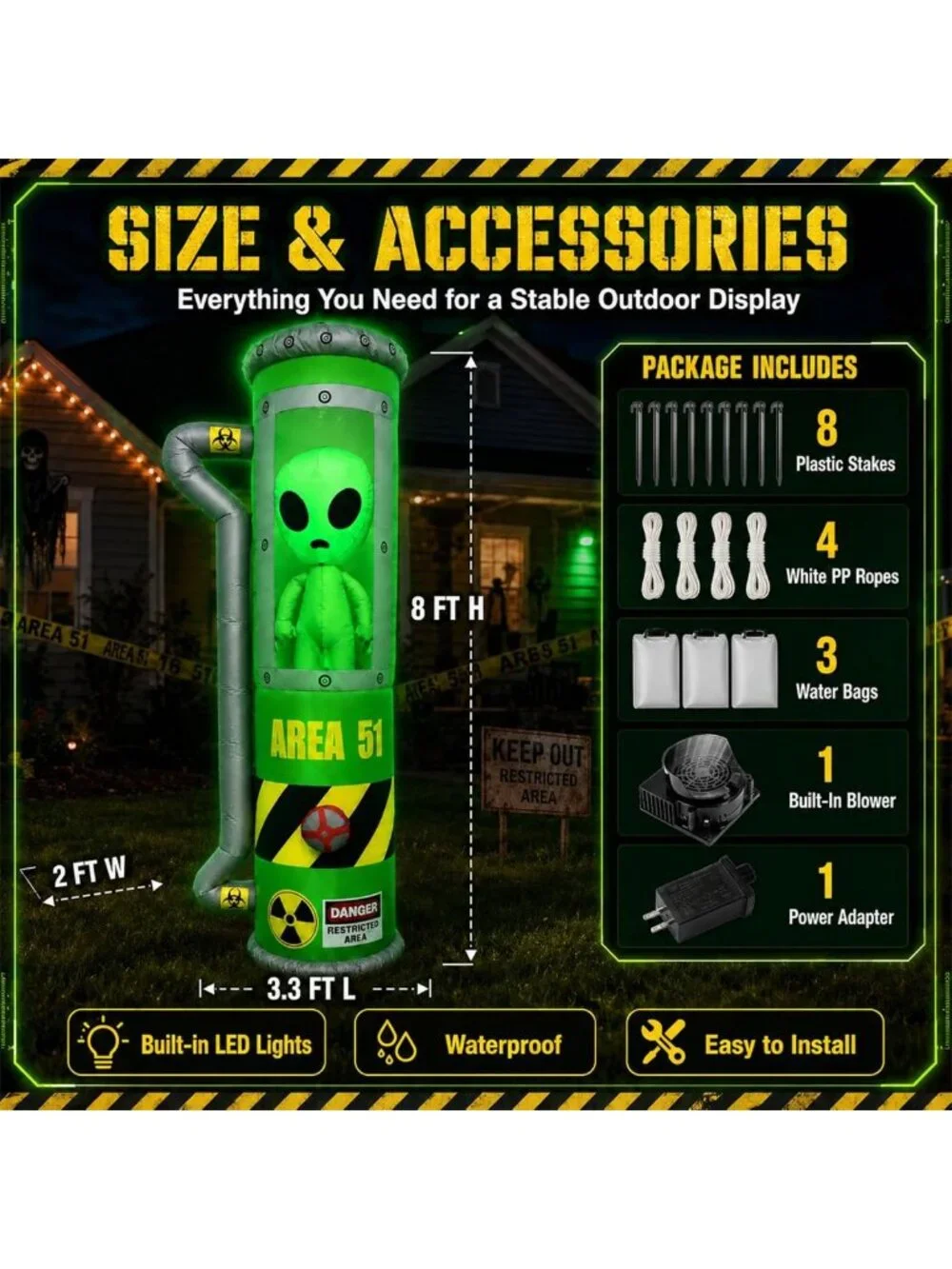 8FT Inflatable Halloween Alien Decor with LED Lights for Outdoor Fun